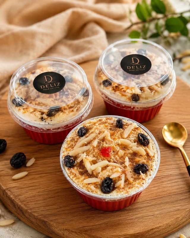Deliz klappertaart topped with almonds and raisins
