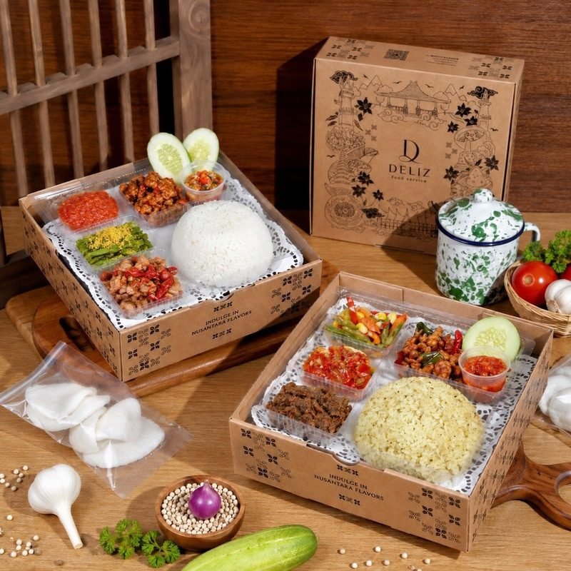 Two Deliz meal boxes with rice, sambal, and side dishes in kraft boxes printed with Indonesian motifs